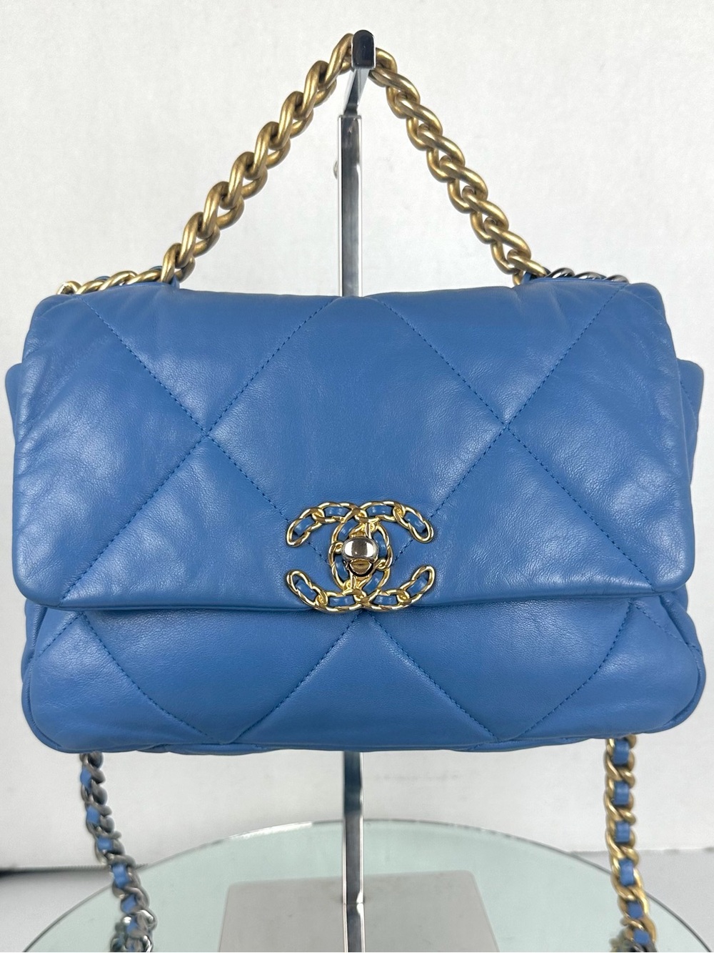 CHANEL 19 Flap Bag Blue Lambskin Leather Mixed Chain Hardware